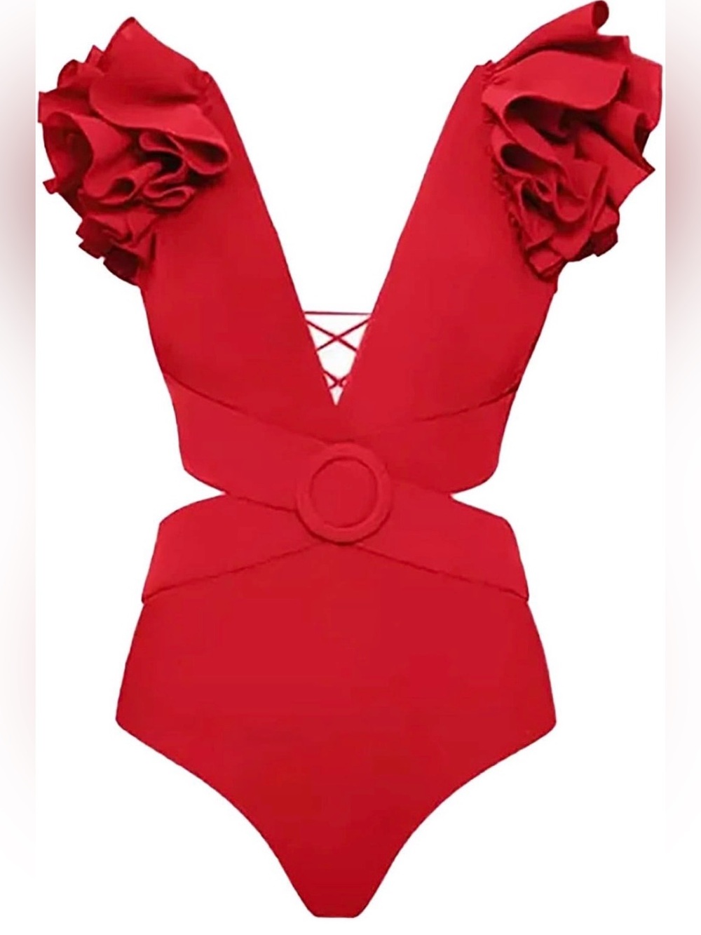 Red Ruffle Shoulder Cutout One-Piece Swimsuit NEW Medium - Picture 2 of 10